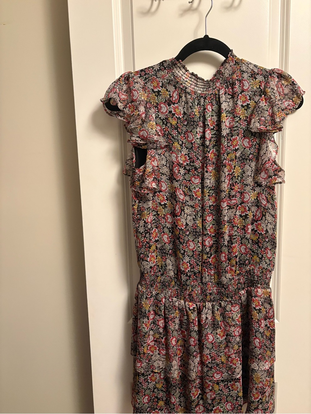 1 STATE Floral Ruffle Mini Dress in Black with Pink & Yellow Flowers